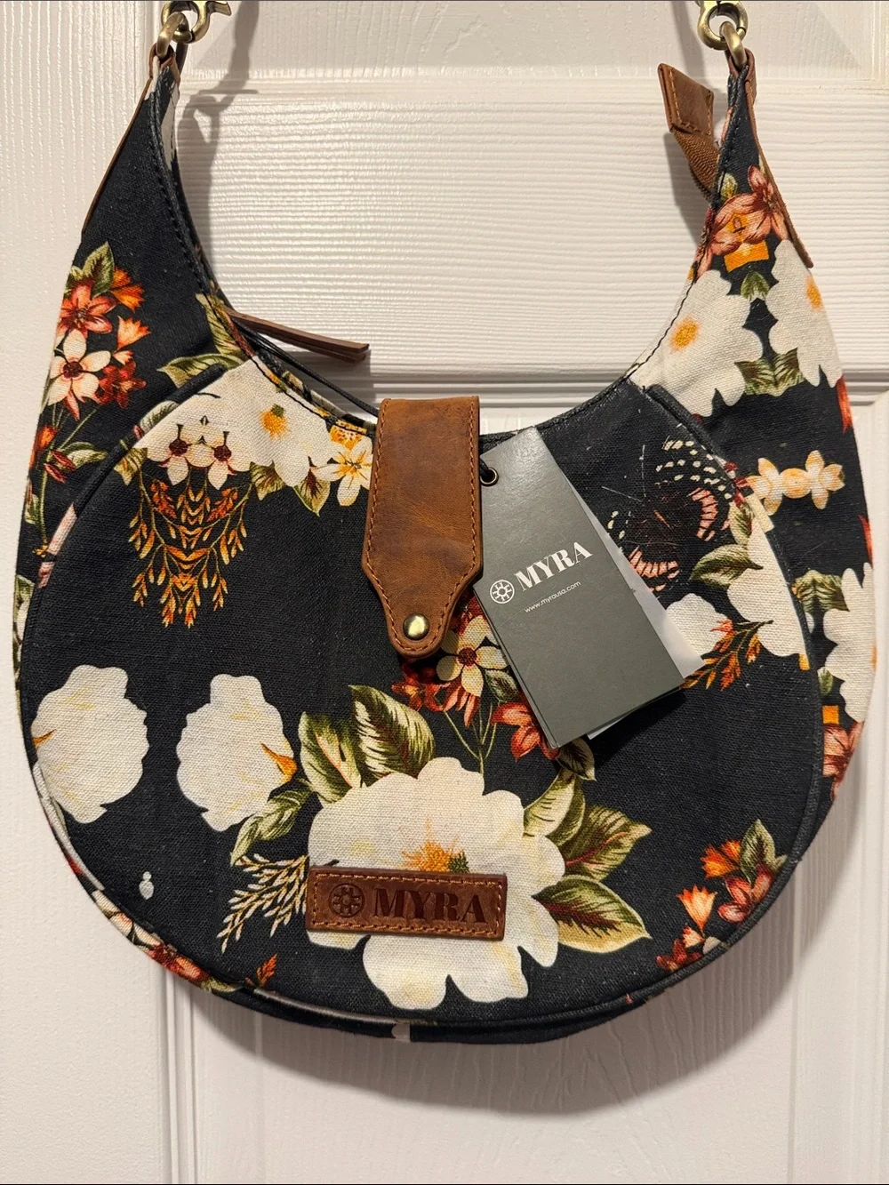 NWT Myra Bag Black Floral Crescent Shoulder Bag with Brown Accents